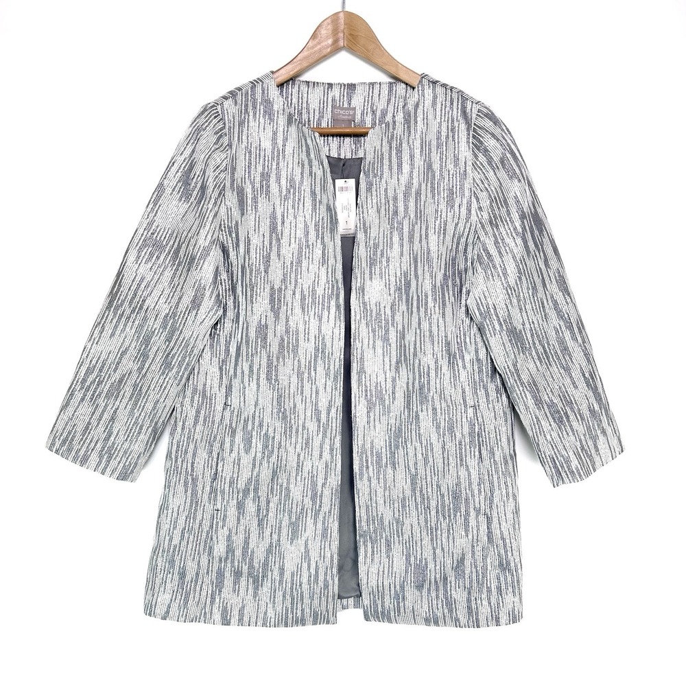 Chico's Travelers Silver Jacket Women's 1 US Medium Textured Lurex Open Front‎